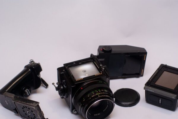 Bronica ETRS;  Zenzanon MC 2.8 75mm lens;  Speed Grip E;  Matte glass with raster and slanted wedge; AEII prism with light metering; 120 film back with ETRS.
