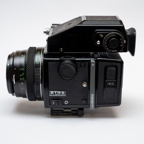 Bronica ETRS;  Zenzanon MC 2.8 75mm lens;  Speed Grip E;  Matte glass with raster and slanted wedge; AEII prism with light metering; 120 film back with ETRS.