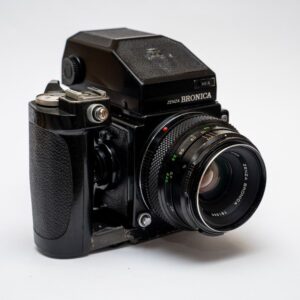 Bronica ETRS;  Zenzanon MC 2.8 75mm lens;  Speed Grip E;  Matte glass with raster and slanted wedge; AEII prism with light metering; 120 film back with ETRS.